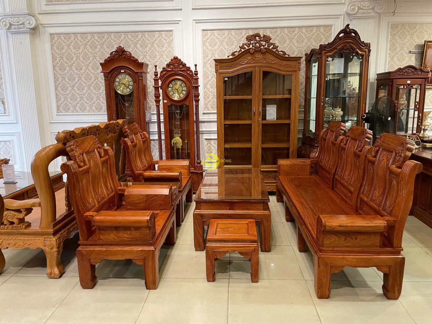 Bộ bàn ghế kim tượng trấn quốc tựa hoa gỗ hương đá 6 món-BBG776