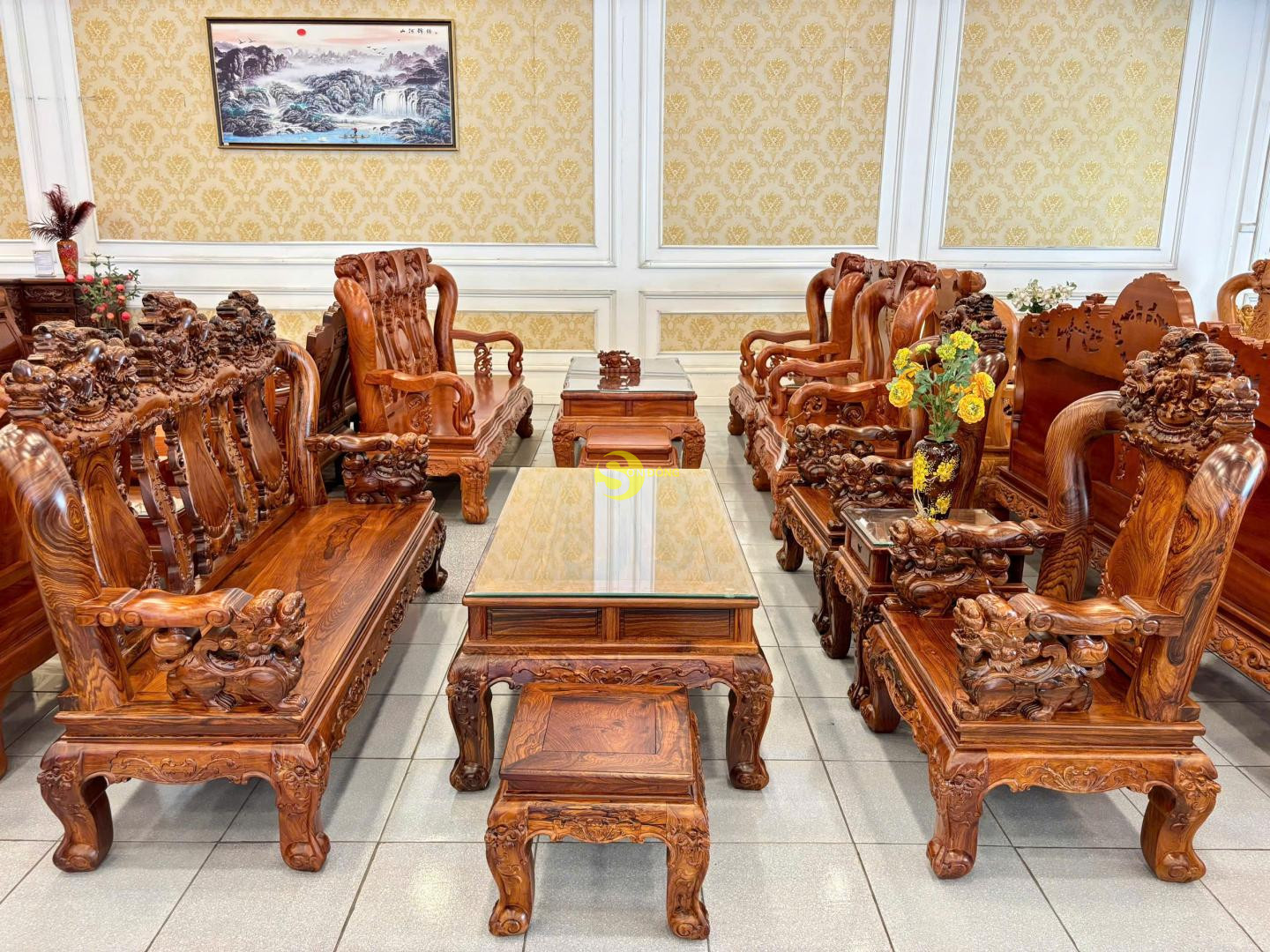 Bộ bàn ghế Cẩm Lai tay 12, 6 món chạm lân VIP - BBG8664