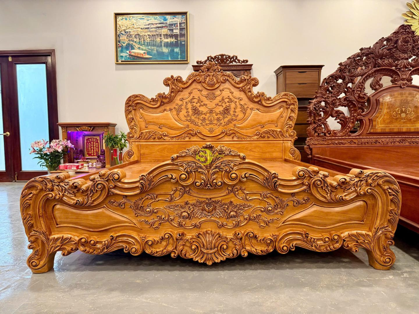 Giường ngủ cổ điển Châu Âu gỗ gõ đỏ 1,8x2m GN20