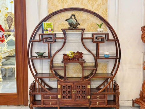 Kệ trang trí khung tròn lục bình gỗ cẩm lai 1600x1800-KTT403