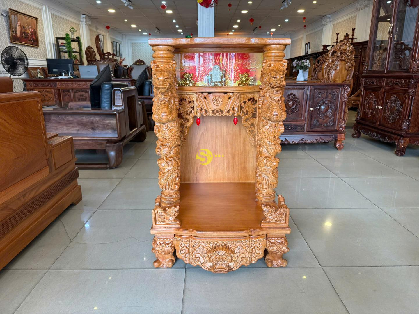Bàn thờ ông địa gỗ gõ đỏ rồng đứng 60 hộp đèn-SD1817