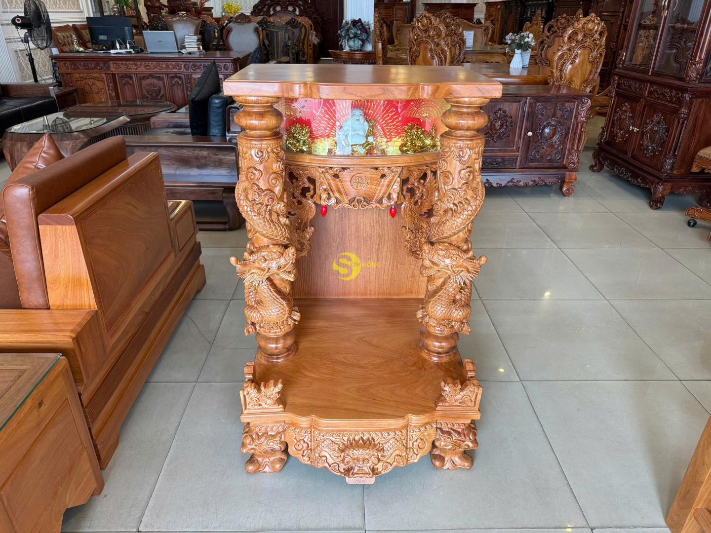 Bàn thờ ông địa gỗ gõ  hộp đèn rồng mây cuộn 70 VIP  - SD1822
