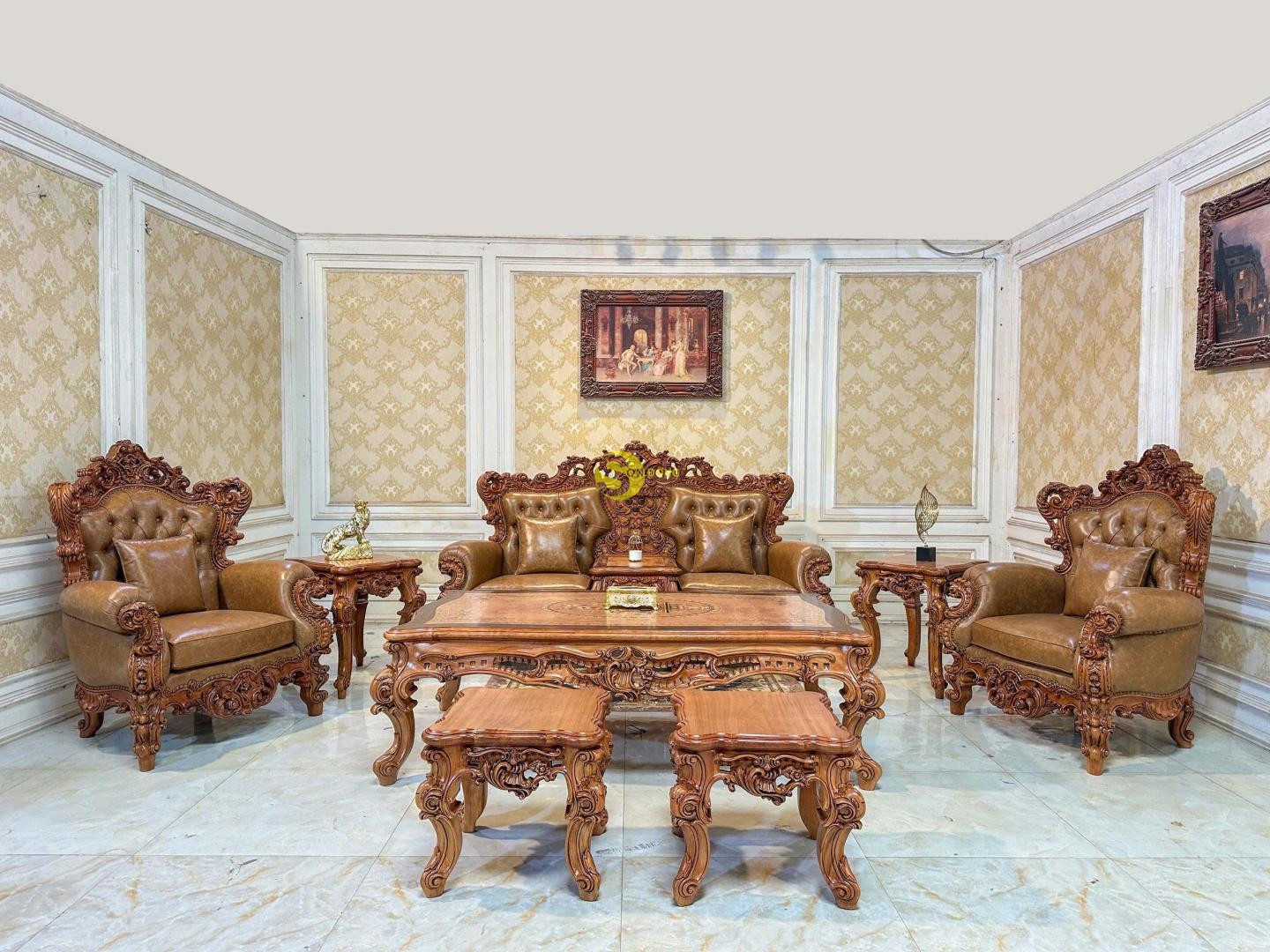 Sofa Cổ Điển Hoàng Gia Gỗ Gõ Đỏ Bọc Da Bò Cao Cấp 8 Món – SF262