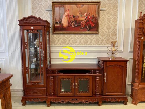 Tủ tivi trụ chạm gỗ gõ đỏ TTV243 - Hình ảnh 9