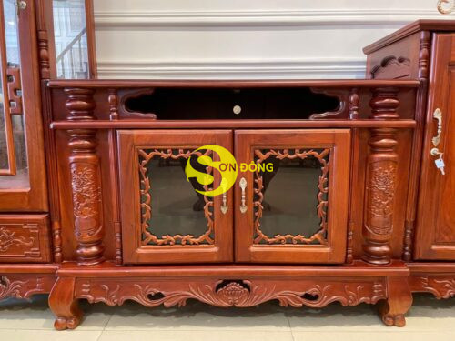 Tủ tivi trụ chạm gỗ gõ đỏ TTV243 - Hình ảnh 7