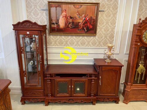 Tủ tivi trụ chạm gỗ gõ đỏ TTV243 - Hình ảnh 2