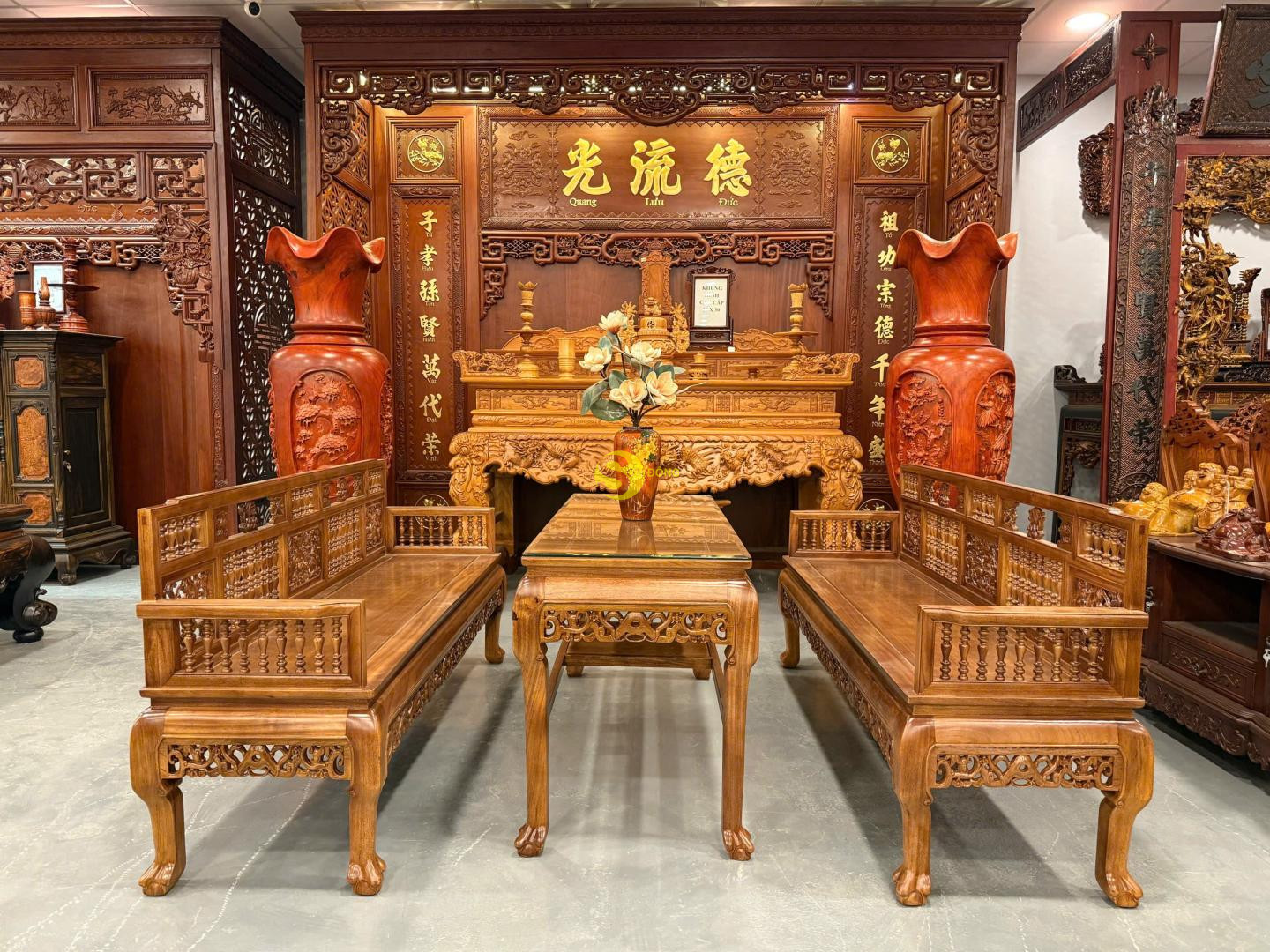 Bộ bàn ghế trường kỷ song tiện gỗ gụ BBG2621